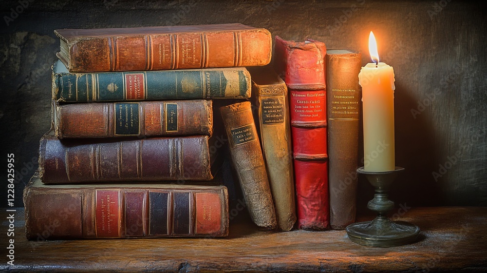 Explore the charm of ancient leather-bound books illuminated by candlelight on a wooden desk. Generative AI Explore the charm of ancient leather-bound books illuminated by candlelight on a wooden desk. Generative AI