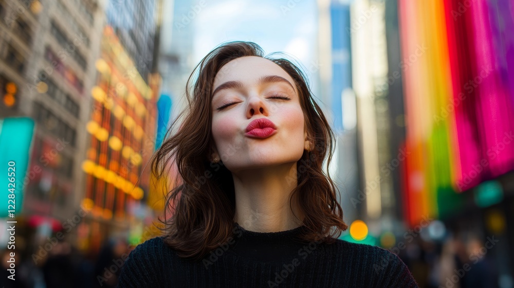Fototapeta premium Woman blowing a kiss with vibrant cityscape background
