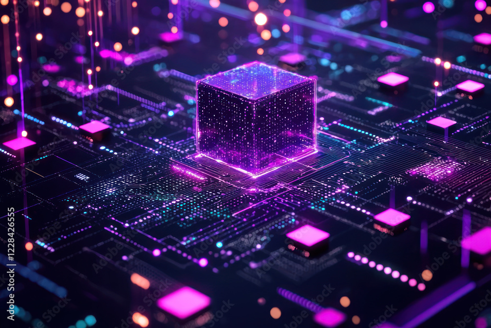 Fototapeta premium A vibrant digital circuit board with glowing cube at center, symbolizing technology and innovation