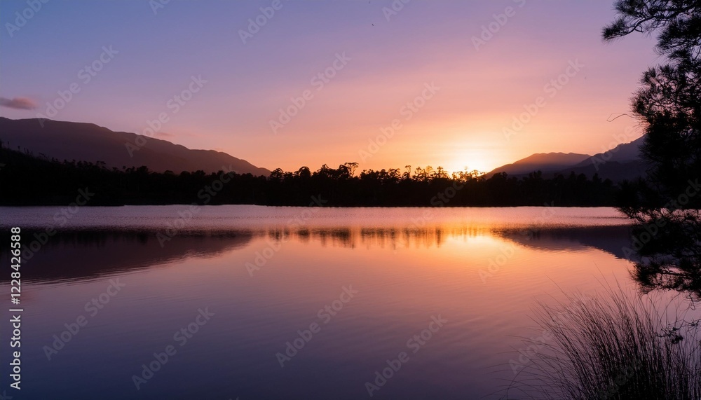 Fototapeta premium A stunning sunset over a calm lake with silhouettes of trees and mountains reflecting on the water.