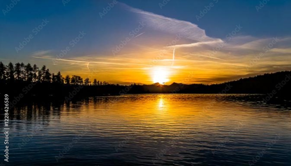 Naklejka premium A stunning sunset over a calm lake with silhouettes of trees and mountains reflecting on the water.
