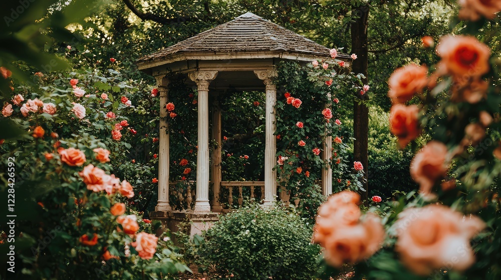 Fototapeta premium Serene Garden Gazebo Surrounded by Vibrant Rose Blooms in Nature