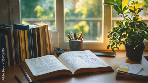 Wallpaper Mural Cozy Study Space with Open Book, Green Plant, and Shelved Books Torontodigital.ca