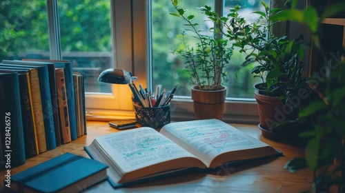 Wallpaper Mural Cozy Study Space with Open Book, Plants, and Desk Accessories Torontodigital.ca