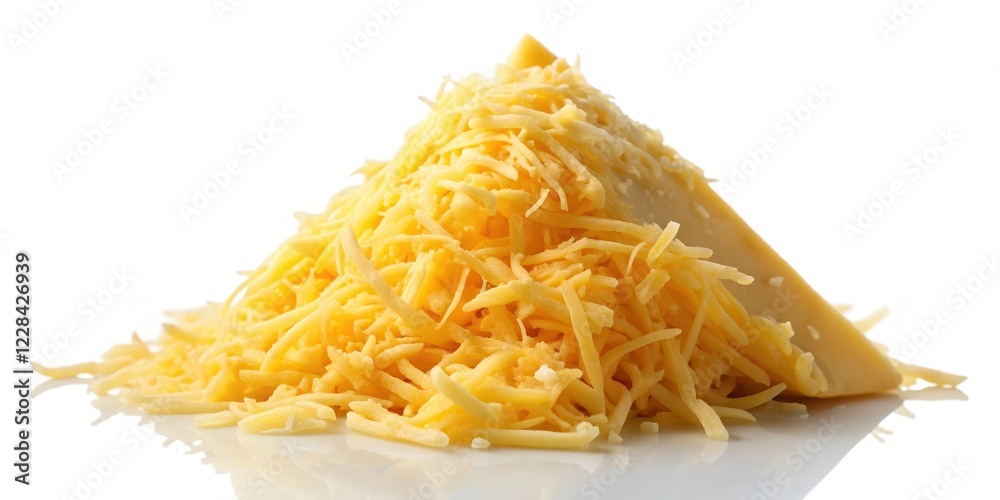 A wedge of grated cheddar cheese sits atop a white background, with a subtle gradient effect in the lighting, food A wedge of grated cheddar cheese sits atop a white background, with a subtle gradient effect in the lighting, food