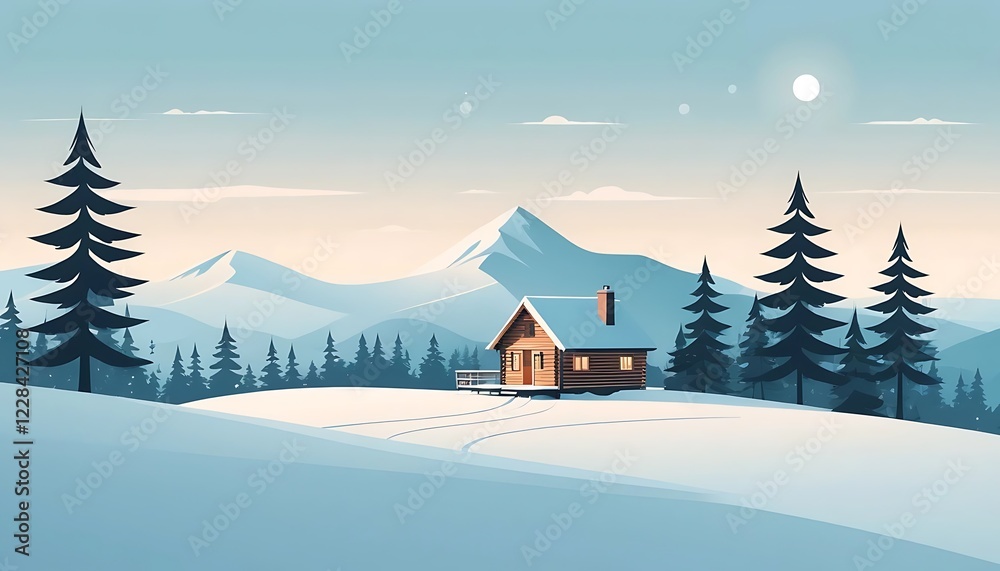 Fototapeta premium Secluded Cabin Winter Mountain Landscape Scene