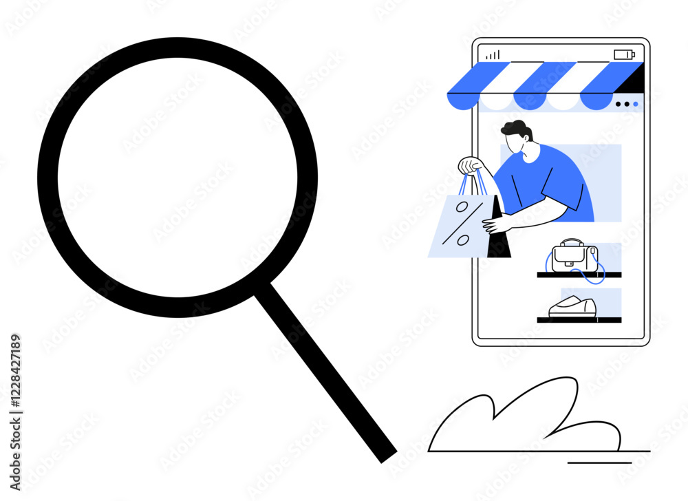 Magnifying glass next to smartphone displaying man holding shopping bag, various products. Ideal for e-commerce, online shopping, product search, mobile apps, digital marketing, retail technology