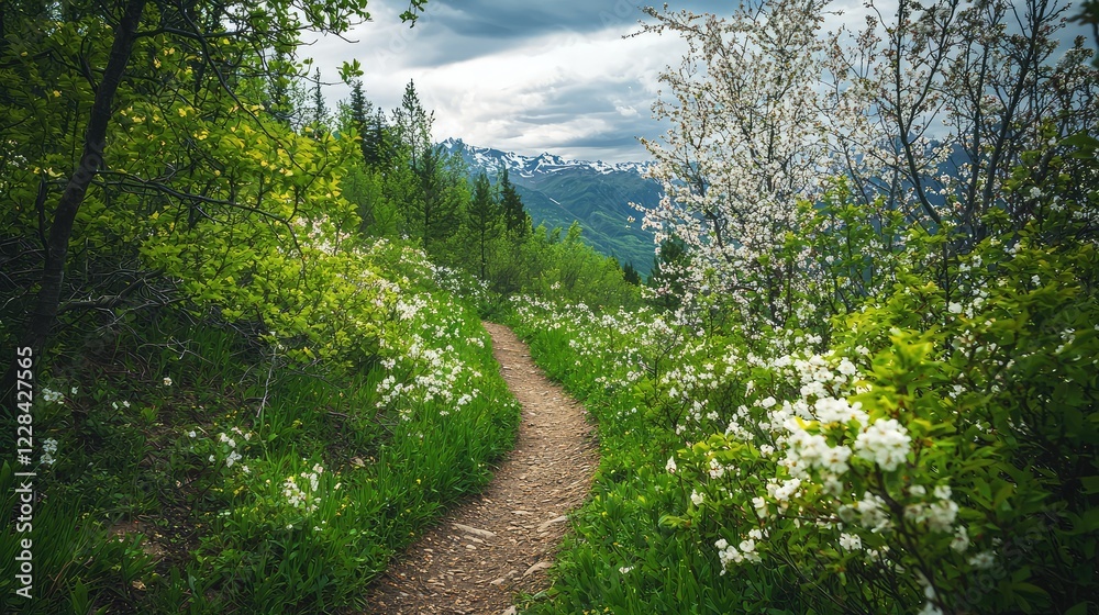 Fototapeta premium Scenic Mountain Trail Surrounded by Greenery and Blooming Flowers