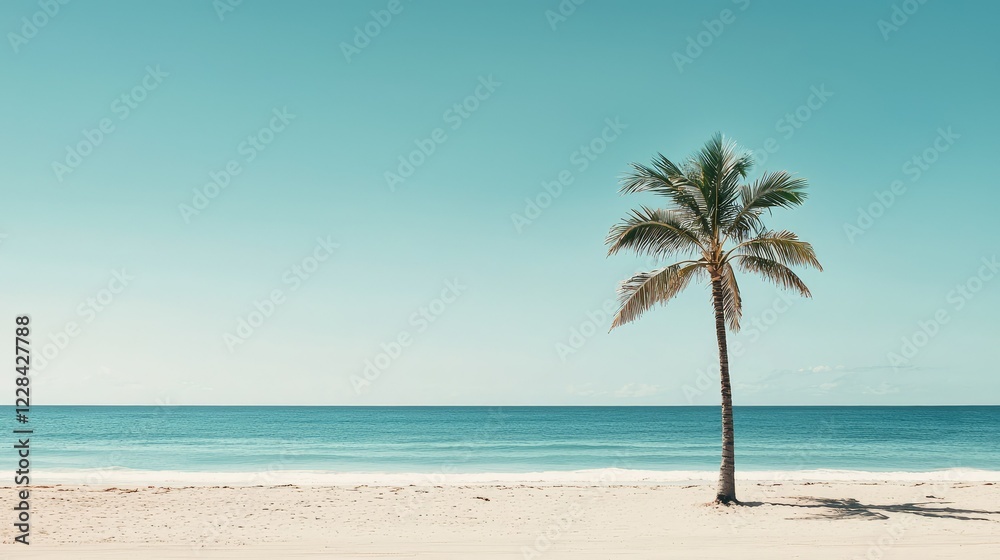 Fototapeta premium Serene Tropical Beach with a Single Palm Tree and Calm Sea