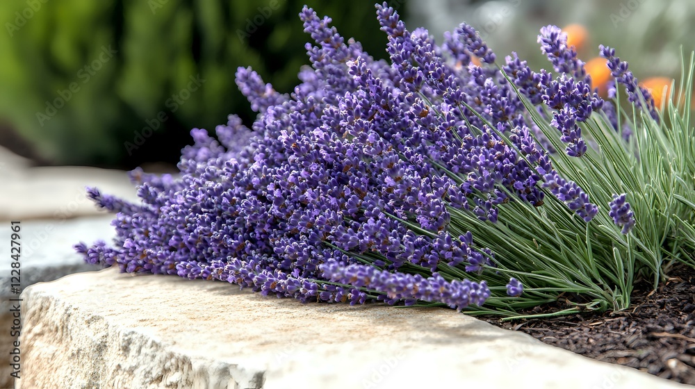 Obraz premium Fresh lavender flowers lying on rustic stone in garden setting, vibrant purple blooms against blurred natural background, aromatherapy and wellness concept.