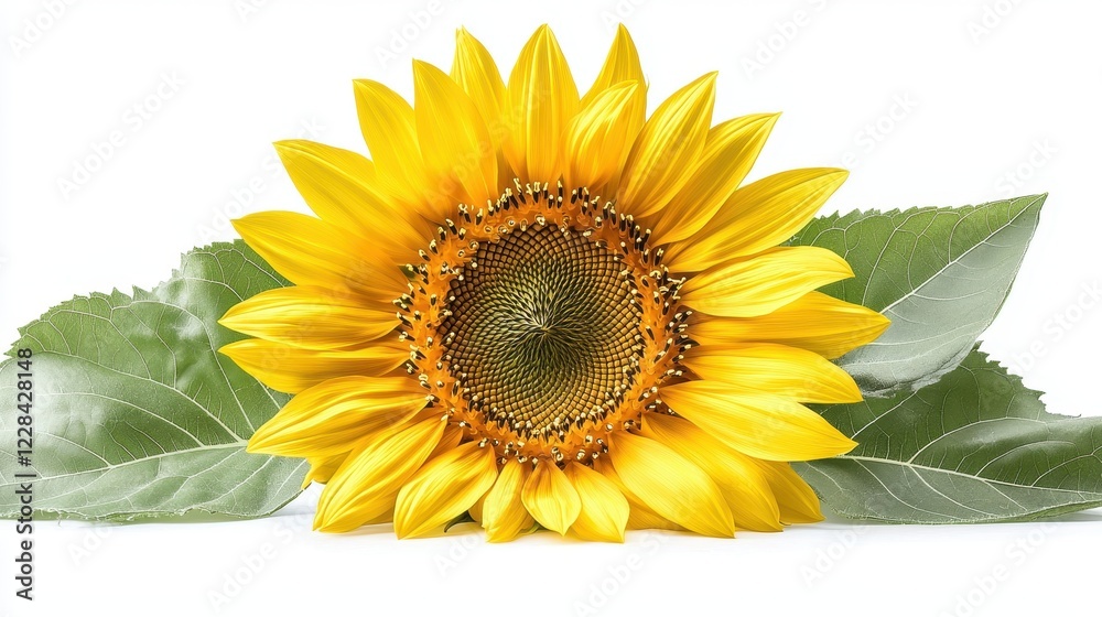 Obraz premium A vibrant sunflower with green leaves against a white background.
