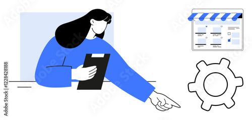 Woman holding clipboard while pointing towards a gear and online store interface. Ideal for e-commerce, management, digital configuration, online business, process control, workflow optimization