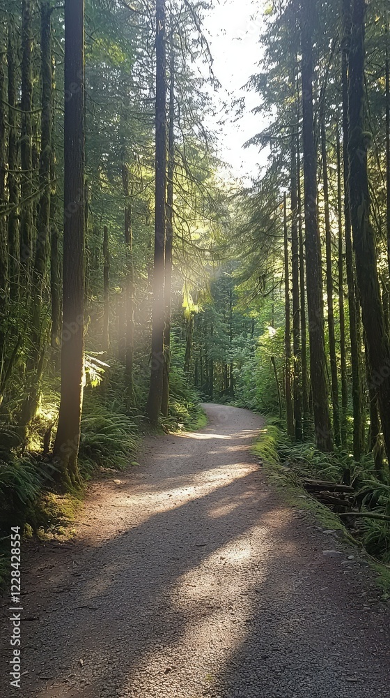 Fototapeta premium Serene Forest Pathway Surrounded by Lush Greenery and Sunlight