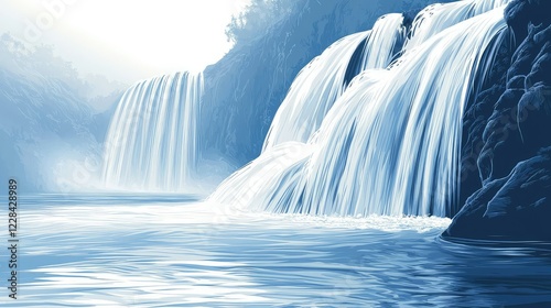 Serene Waterfall Cascading Down Rocky Cliff in Misty Forest
