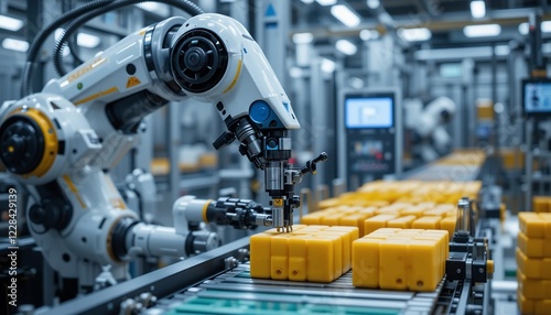 Wallpaper Mural Automated Robotic Arm Handling and Processing Yellow Blocks in Factory Production Line Torontodigital.ca