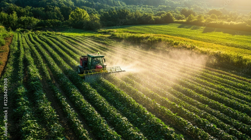 Lush agricultural fields watered by automated systems, captured from a high-angle drone perspective. Lush agricultural fields watered by automated systems, captured from a high-angle drone perspective.