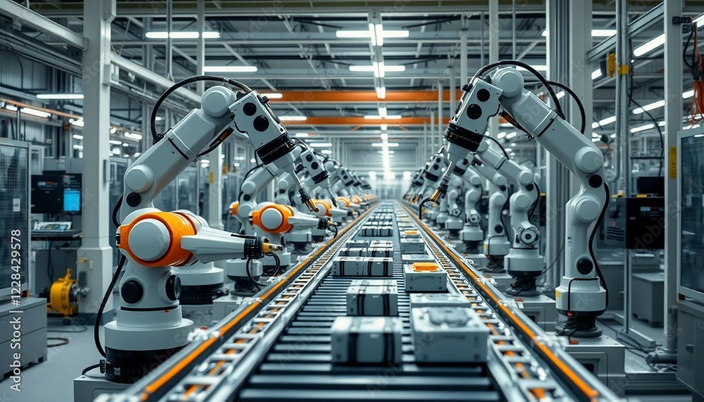 Fototapeta premium Automated Industrial Robotic Arms on Assembly Line Manufacturing Process