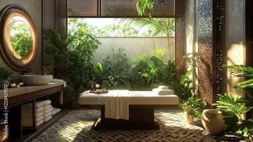 Luxurious Thai-inspired spa with a massage table, folded towels, traditional patterns, and a serene view of tropical greenery