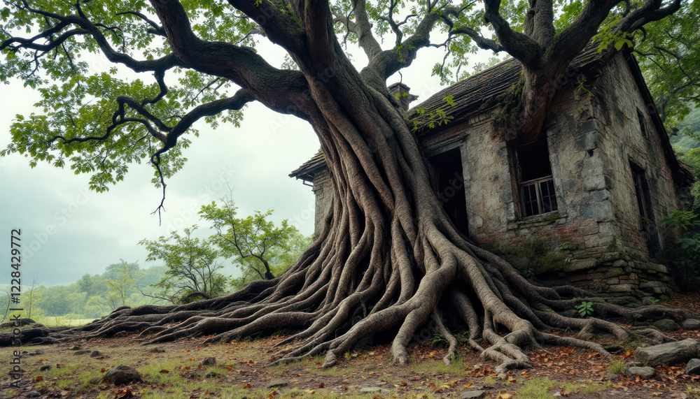 Ancient Tree Enveloping a Rustic Stone House Ancient Tree Enveloping a Rustic Stone House