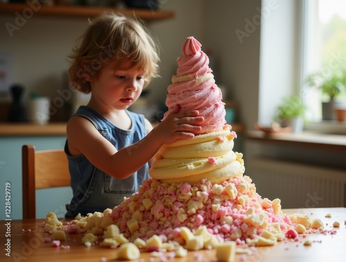 Little girl building a giant, wobbly ice cream cone in the kitchen