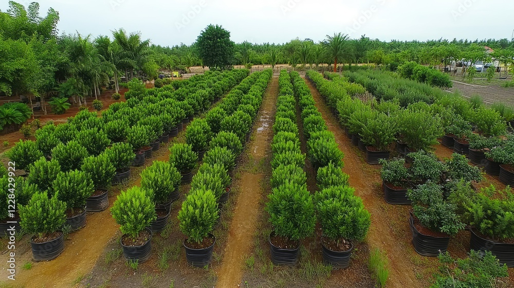 Fototapeta premium Overhead shot of a thriving nursery plantation with visible sprinkler systems keeping plants hydrated.