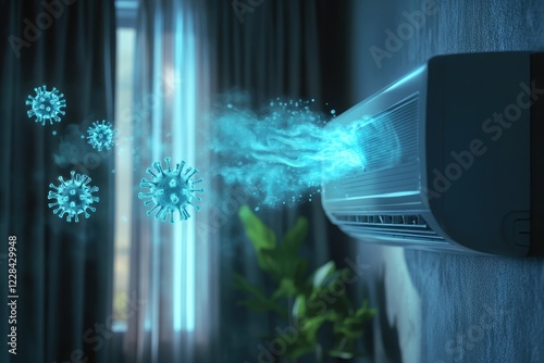 Air conditioner expelling viruses, glowing blue particles. Illustrates air purifier effectiveness against airborne illness.