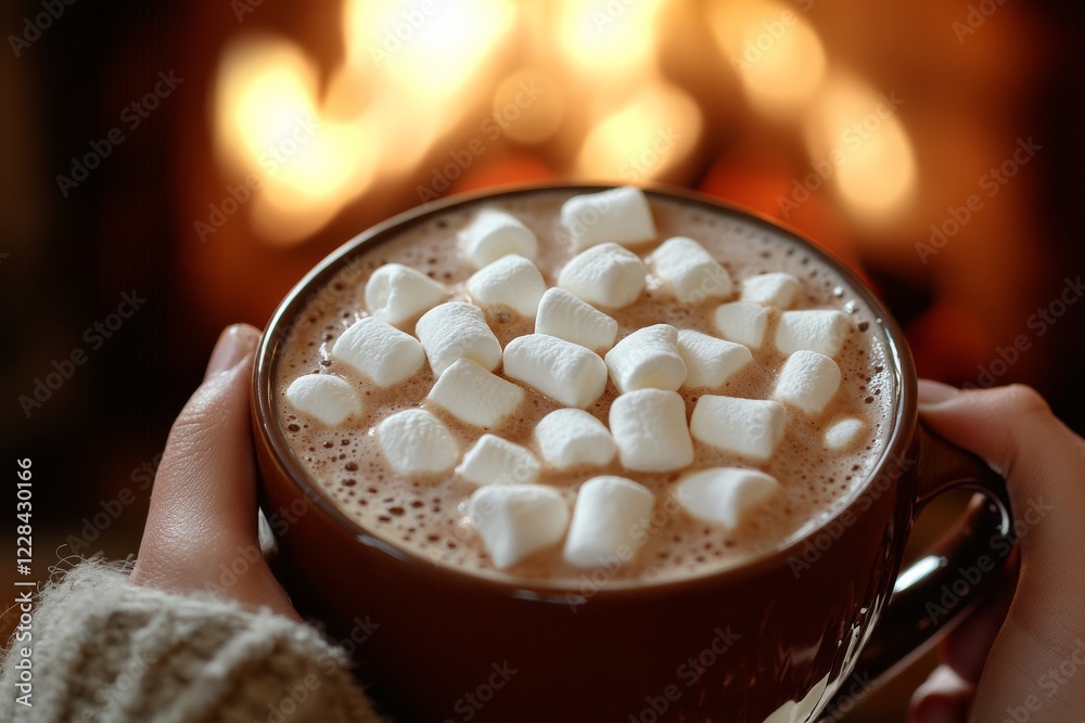 Cozy hot chocolate with marshmallows by fireplace