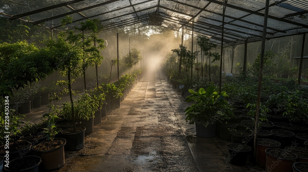 Rows of nursery plants under irrigation, with misty water from sprinklers enhancing the fresh greenery. Rows of nursery plants under irrigation, with misty water from sprinklers enhancing the fresh greenery.