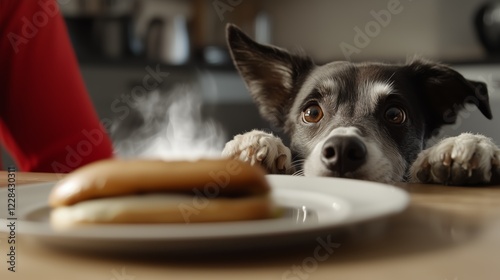 Border collie leaning paws on dining table, longingly eyeing steaming hot dog with sweet, pleading expression, embodying canine culinary temptation photo