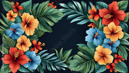 Wallpaper Mural A vector illustration of blue and orange tropical flowers with green leaves on a dark background Torontodigital.ca