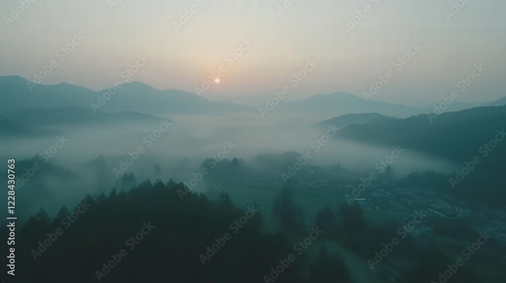 Naklejka premium Serene sunrise over misty mountains with a tranquil village nestled in the valley