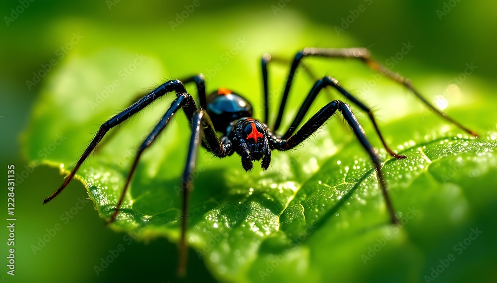 Black Spider on Green Leaf Macro Photography Black Spider on Green Leaf Macro Photography