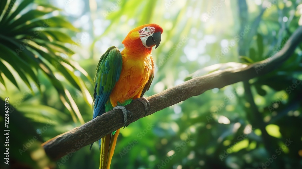 Macaw Perched on a Branch in a Tropical Rainforest Macaw Perched on a Branch in a Tropical Rainforest