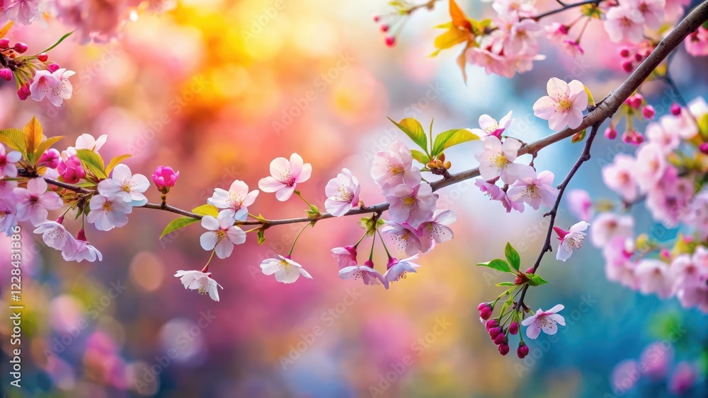 A delicate cherry blossom branch sways gently in the spring breeze amidst a vibrant garden filled with colorful flowers of various shapes and sizes , flower garden, colorful blooms A delicate cherry blossom branch sways gently in the spring breeze amidst a vibrant garden filled with colorful flowers of various shapes and sizes , flower garden, colorful blooms