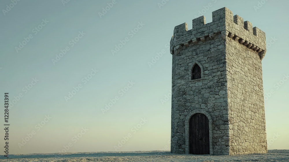 Ancient Stone Tower on a Serene Plain Under Light Blue Sky Ancient Stone Tower on a Serene Plain Under Light Blue Sky