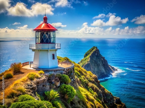 Makapuu Point Lighthouse Oahu Hawaii Dramatic Coastal Landscape High Resolution Stock Photo photo