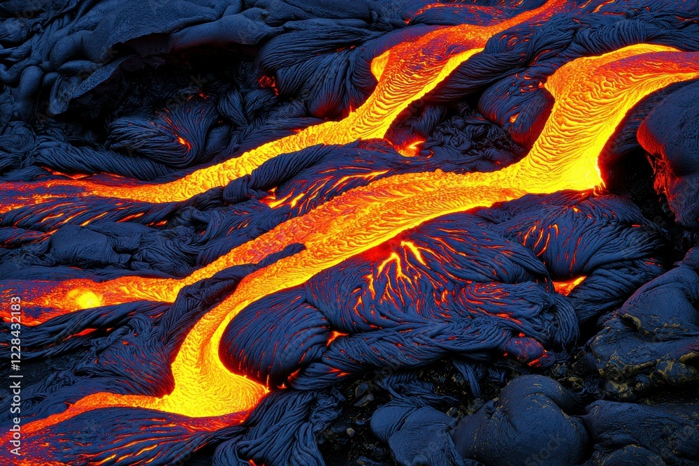 Obraz premium Flowing Lava Stream in Lava Field with Textured Black Surface and Glowing Orange Heat from Volcanic Eruption