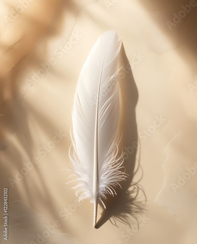 Elegant close-up of a white feather with warm sunlight casting soft shadows, evoking a sense of tranquility, grace, and natural beauty in a simple and artistic composition
