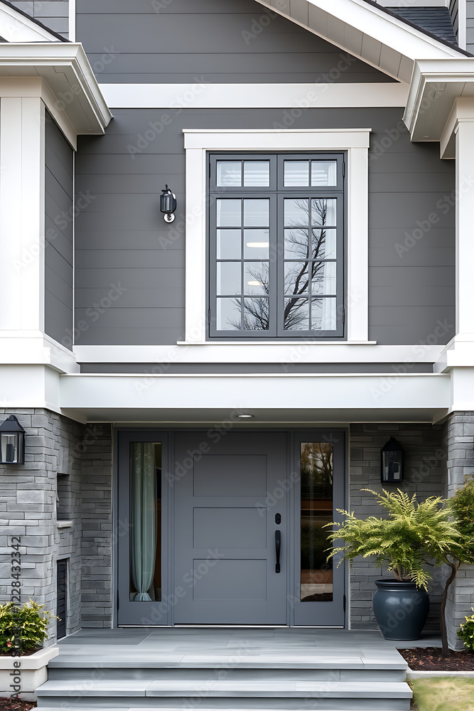 Fototapeta premium Modern Gray House Exterior: Contemporary Home Design with Stone Accents and Sleek Entrance
