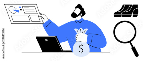 Businessperson holds a cash bag while analyzing data with a laptop, magnifying glass, and growth chart. Ideal for financial analysis, business strategy, investment research, financial planning