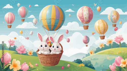 Cute Easter bunnies on isolated background. Cute bunnies flying in a basket with Easter eggs in a hot air balloon. Happy Easter. Sweet watercolor elements. Vector illustration.