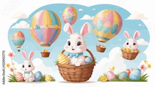 Cute Easter bunnies on isolated background. Cute bunnies flying in a basket with Easter eggs in a hot air balloon. Happy Easter. Sweet watercolor elements. Vector illustration.