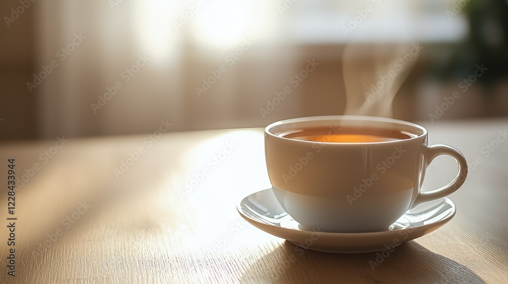 Obraz premium Hot Cup of Tea on Wooden Table With Soft Morning Light