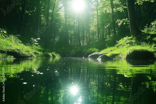 Sunlit forest stream, peaceful nature scene, ideal for relaxation or environmental themes photo