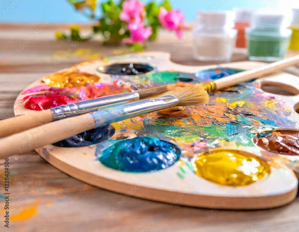A vibrant artist’s palette with colorful paint splashes and brushes on a wooden table, showcasing creativity and artistic expression. A vibrant artist’s palette with colorful paint splashes and brushes on a wooden table, showcasing creativity and artistic expression.