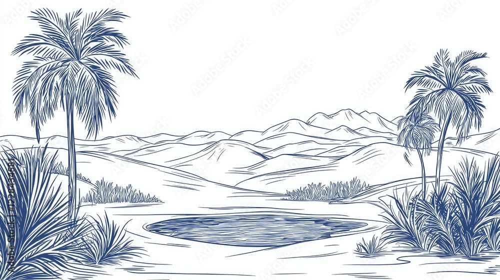 Tranquil Desert Oasis Surrounded by Lush Palm Trees and Mountains Tranquil Desert Oasis Surrounded by Lush Palm Trees and Mountains