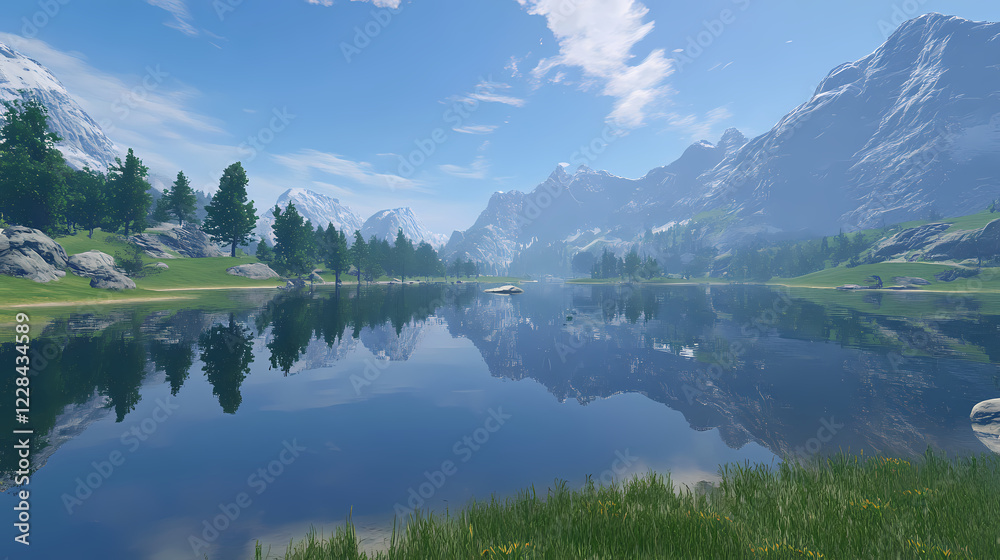 Naklejka premium A crystal-clear lake reflecting a towering mountain range, creating a serene landscape with space for messaging. Twilight Valley. Illustration