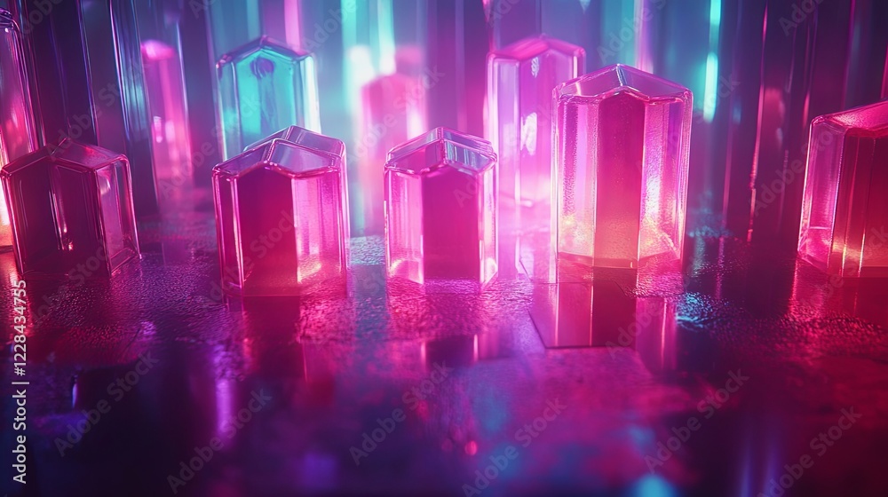 Fototapeta premium Pulsating neon hexagons rise and fall in a mesmerizing light show with vibrant color transitions. Generative AI