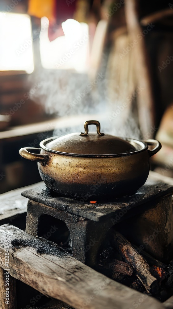 Ancient Cooking Pot on Rustic Stove Ancient Cooking Pot on Rustic Stove