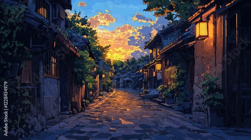 Serene Street at Dusk with Lanterns and Beautiful Sunset Colors